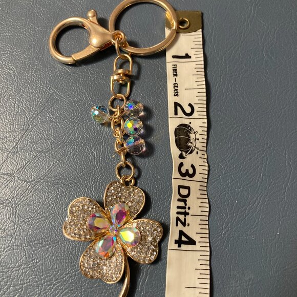 Accessories - Clear crystal sparkle 4 Leaf Clover keychain bag charm gold hardware